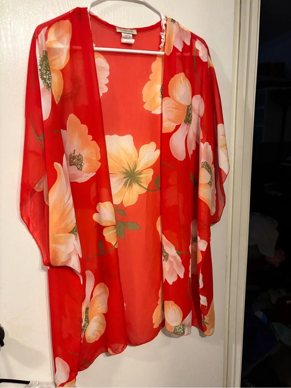 Ambiance Red Floral Sheer Kimono Wrap with Peach & White Blooms